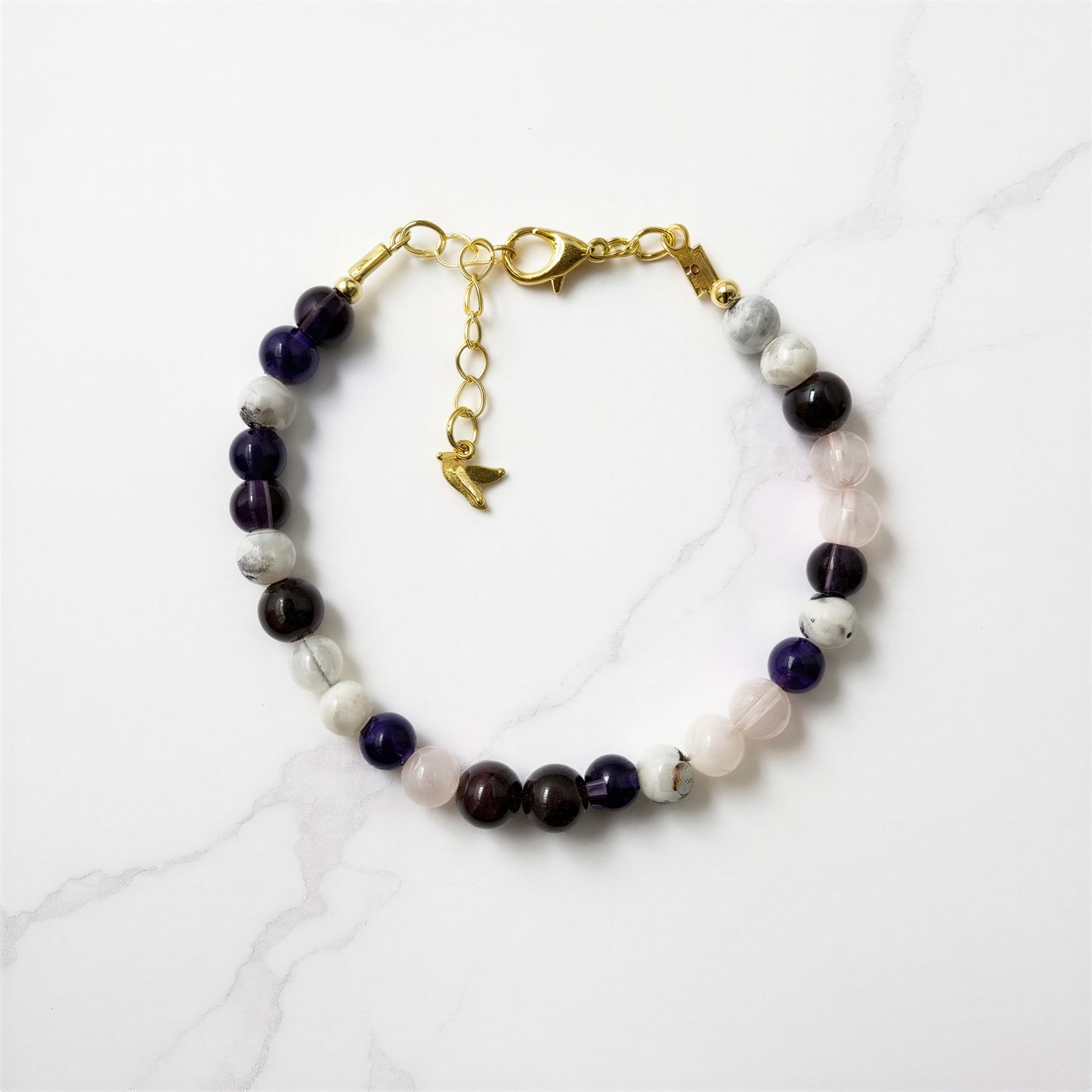 Heart Bind – Pembe Kuvars, Lal Granat, Ay Taşı & Ametist Doğal Taş Çift Bilekliği